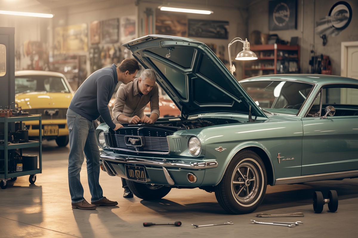 Deux passionnés inspectent le moteur d'une Mustang vintage dans un garage rétro éclairé