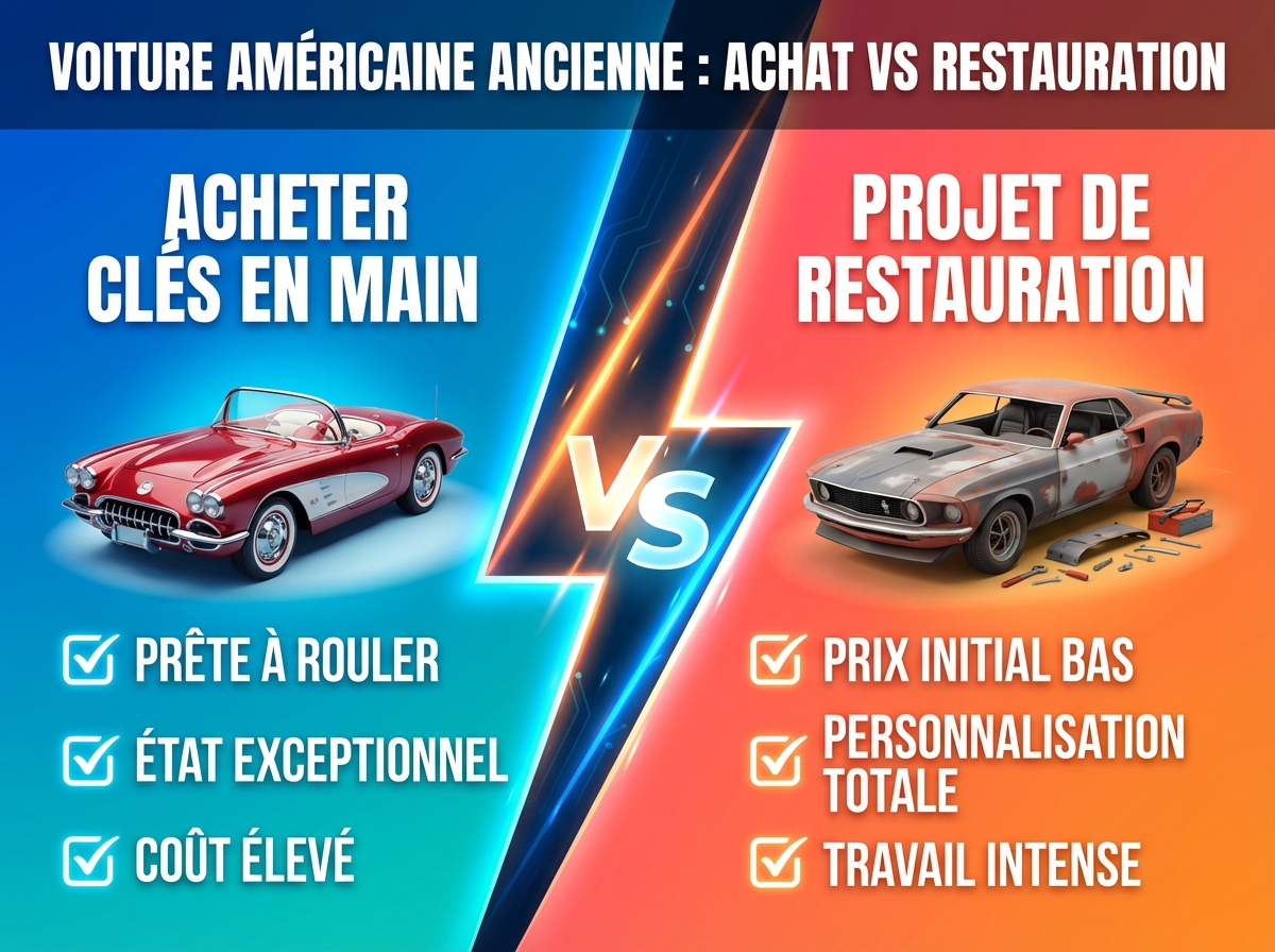 Infographie duel visual : Acheter une voiture américaine ancienne : le guide