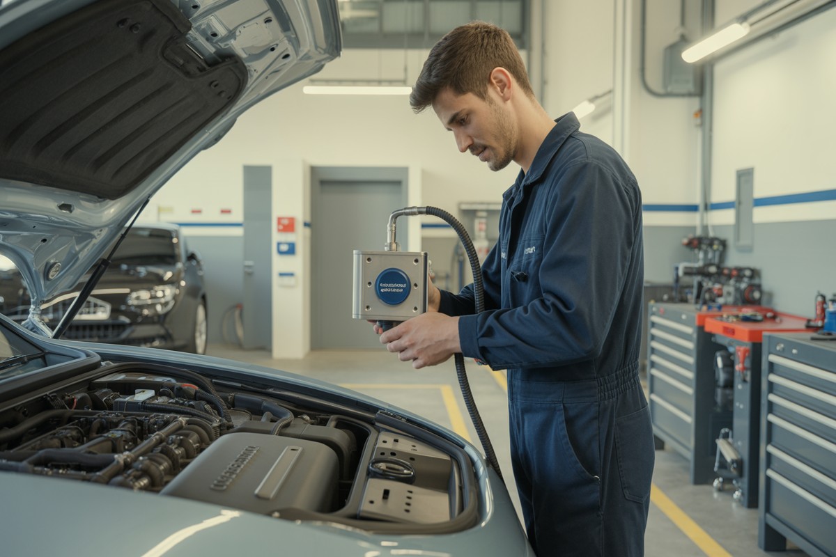 Mécanicien règle appareil hydrogène branché sur moteur diesel dans garage moderne
