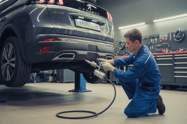 Mécanicien réapprovisionnant l’additif FAP d’une Peugeot 3008 sur pont élévateur