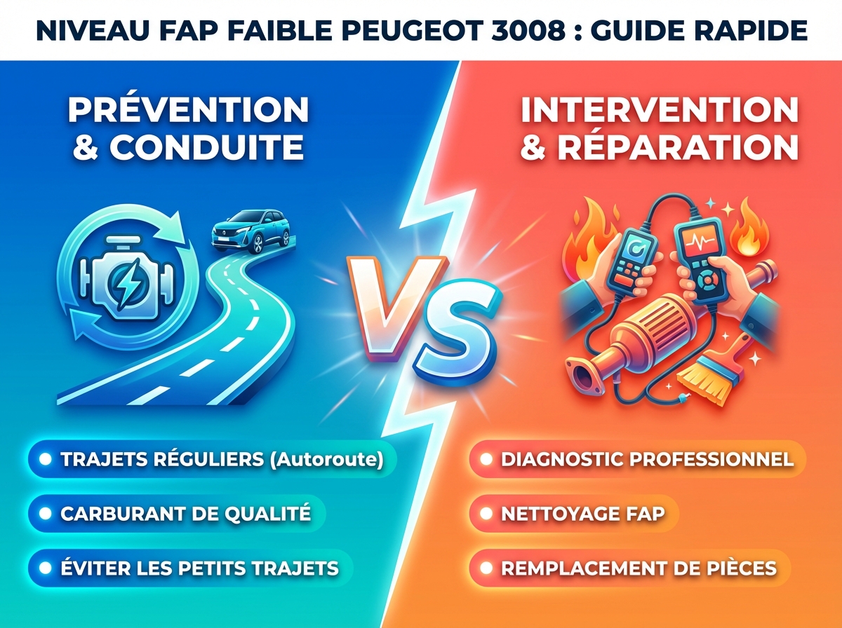 Infographie duel visual : Niveau FAP faible sur Peugeot 3008 : guide rapide