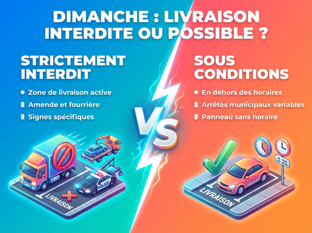 Infographie duel visual : Se garer sur une place de livraison le dimanche : possible ?