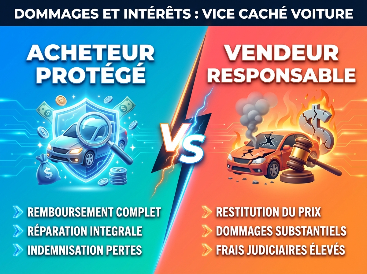 Infographie duel visual : Montant des dommages et intérêts pour vice caché voiture