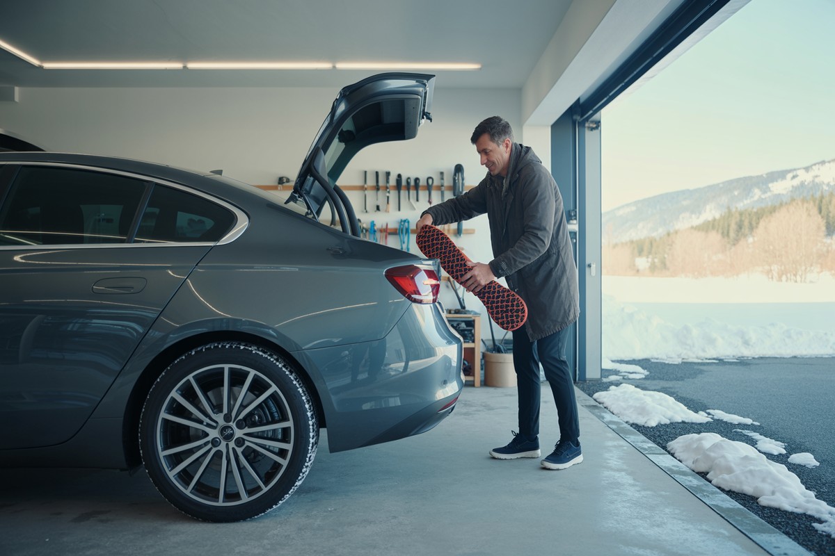 Conducteur range des chaussettes neige dans le coffre d une berline grise