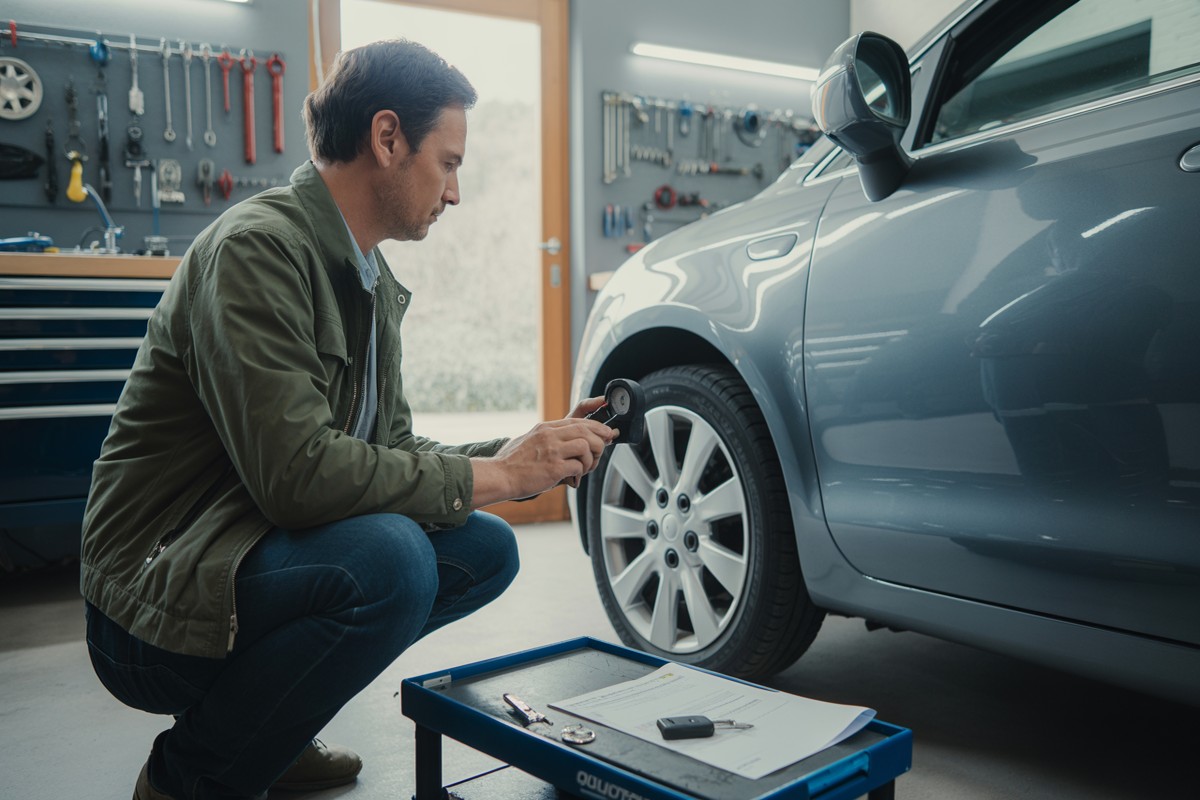 Conducteur vérifie sa voiture dans garage avant fin de suspension de permis