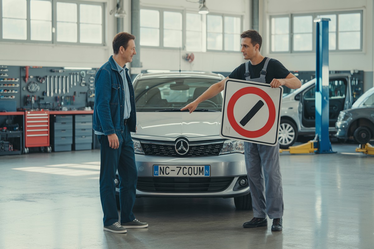 Conducteur et mécanicien devant panneau sens interdit dans garage automobile moderne éclairé