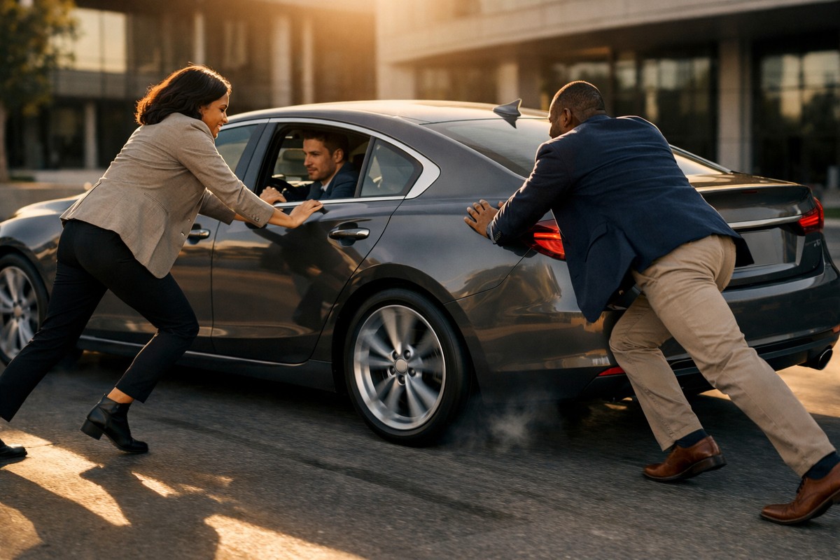 Deux professionnels poussant une berline moderne sur un parking d'entreprise lumineux et propre.