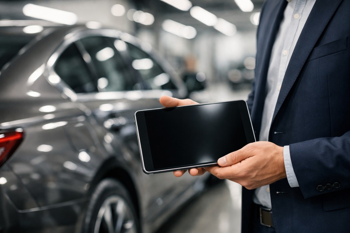 Expert automobile professionnel validant un dossier d'immatriculation sur tablette près d'un véhicule haut de gamme.