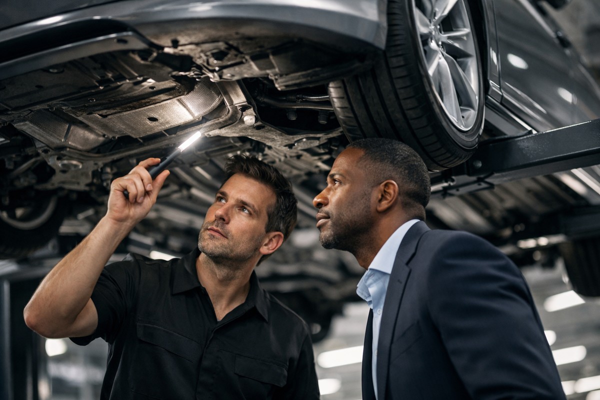 Un expert automobile montre un défaut sous le châssis d'une voiture surélevée au propriétaire.