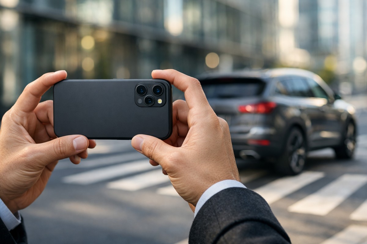 Un professionnel photographiant un SUV mal garé avec son smartphone dans un quartier d'affaires.