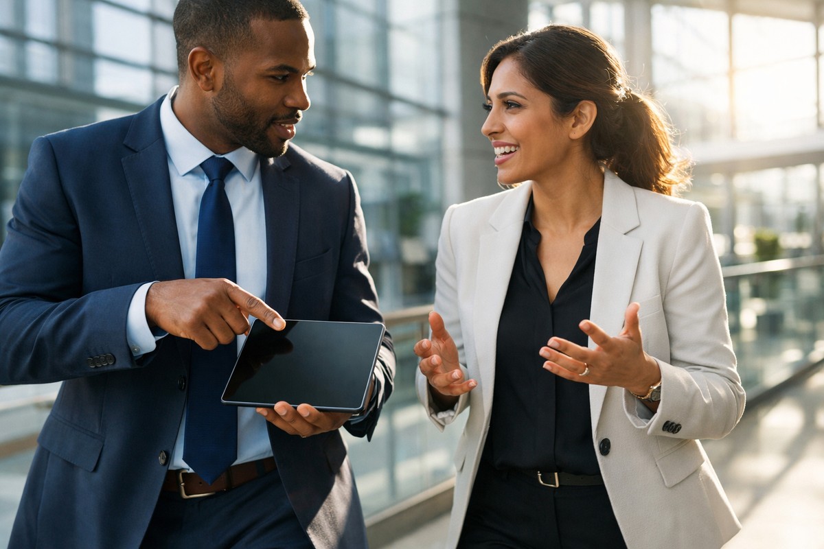 Deux professionnels dynamiques échangeant autour d'une tablette dans un atrium lumineux