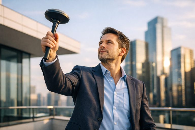 Professionnel tenant récepteur GNSS high-tech sur toit-terrasse urbain moderne et lumineux.