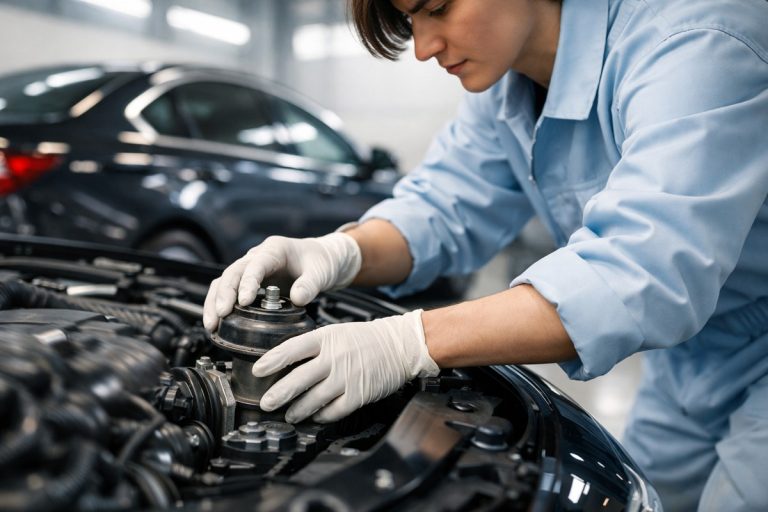 Technicien inspecte support moteur vibrant sur berline premium au ralenti dans garage moderne.