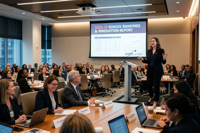 Conférencier présente classements écoles 2025-26 à directeurs lors conférence Lincoln Trail moderne.