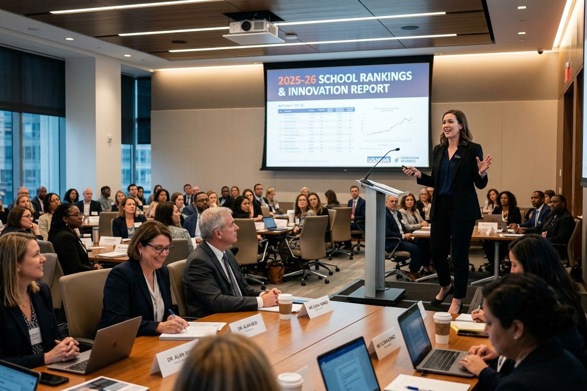 Conférencier présente classements écoles 2025-26 à directeurs lors conférence Lincoln Trail moderne.
