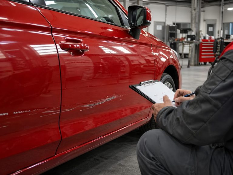 Carrossier professionnel inspectant une rayure sur une portière avant d'établir un devis peinture carrosserie, atelier équipé en arrière-plan