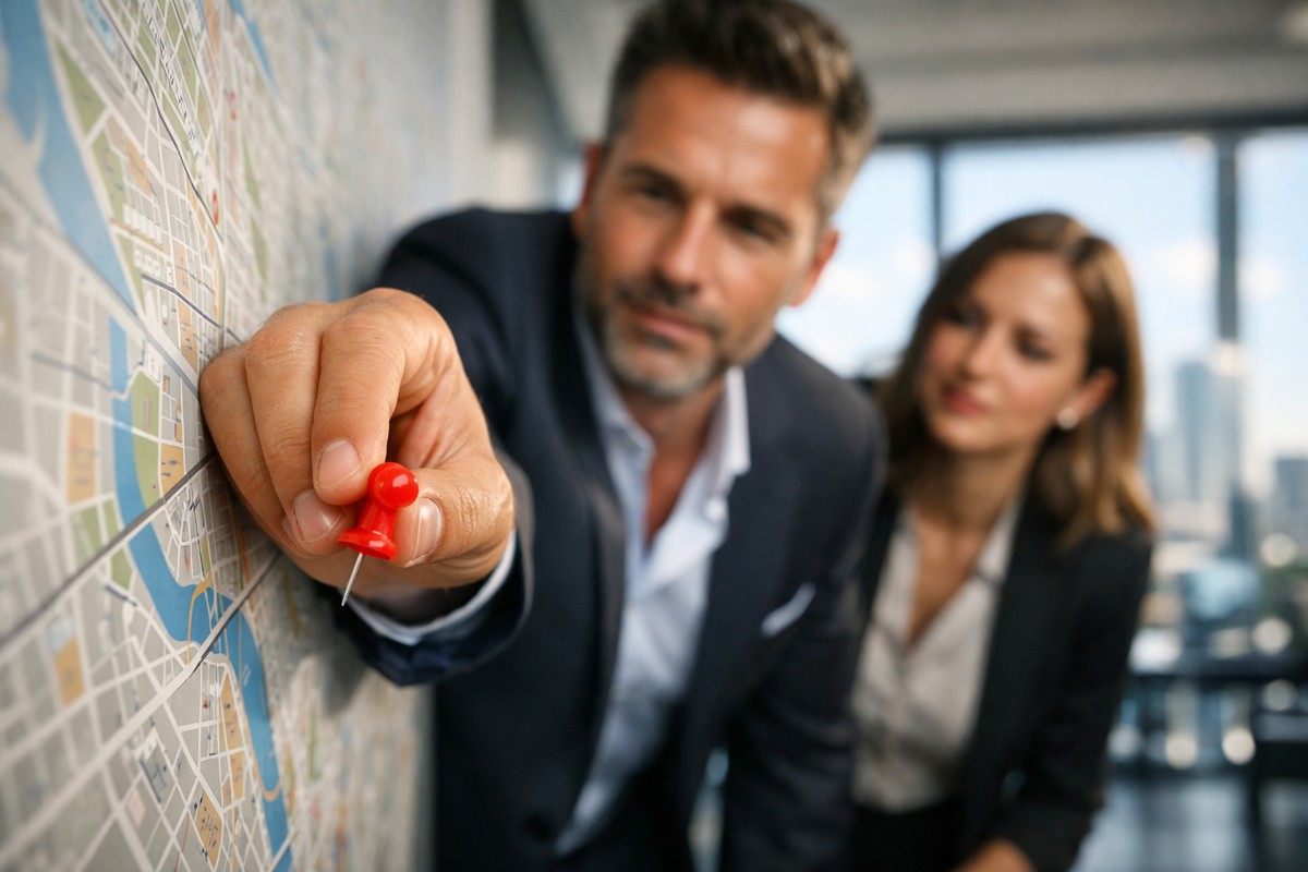 Exécutif place pin rouge sur carte murale dans open-space moderne lumineux.