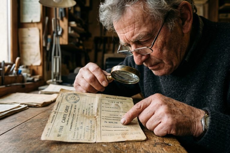 Homme scrute ancienne carte grise avec loupe, repérant code P6 indiquant berline sur document usé.