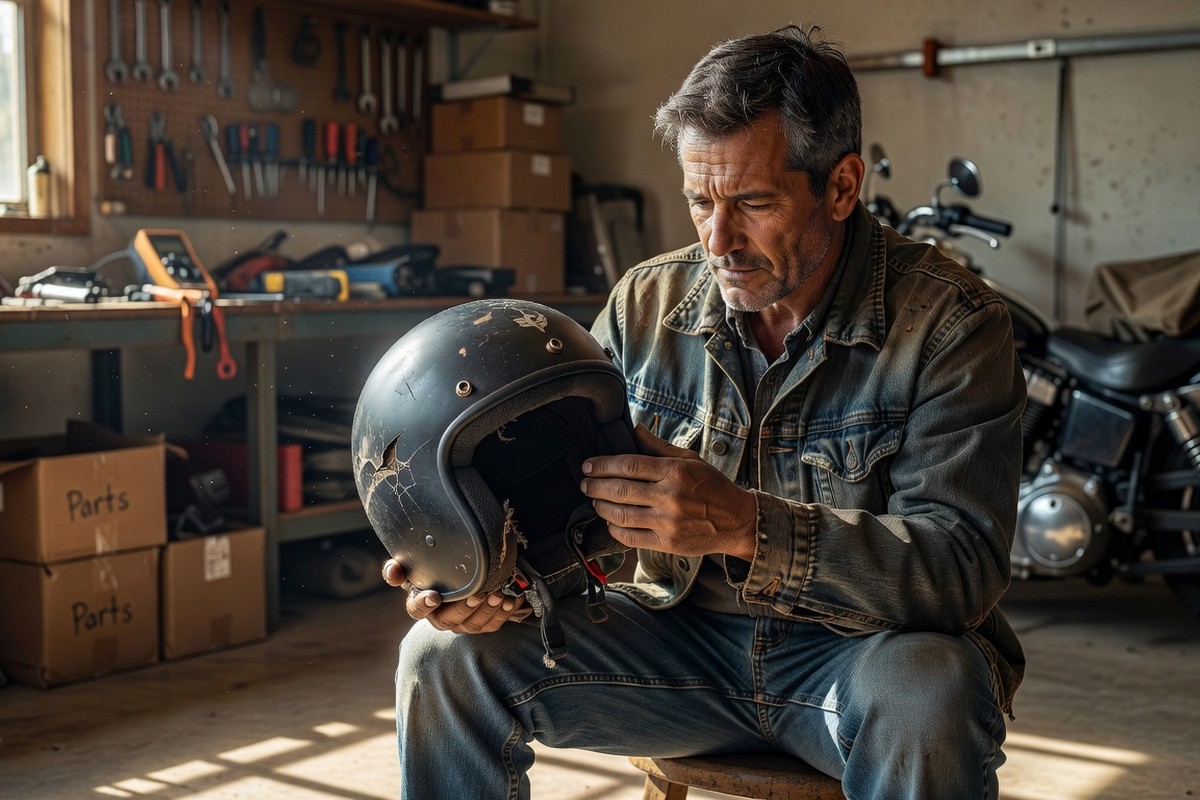 Motard examine intérieur usé et fissuré d'un casque moto dans garage ensoleillé.