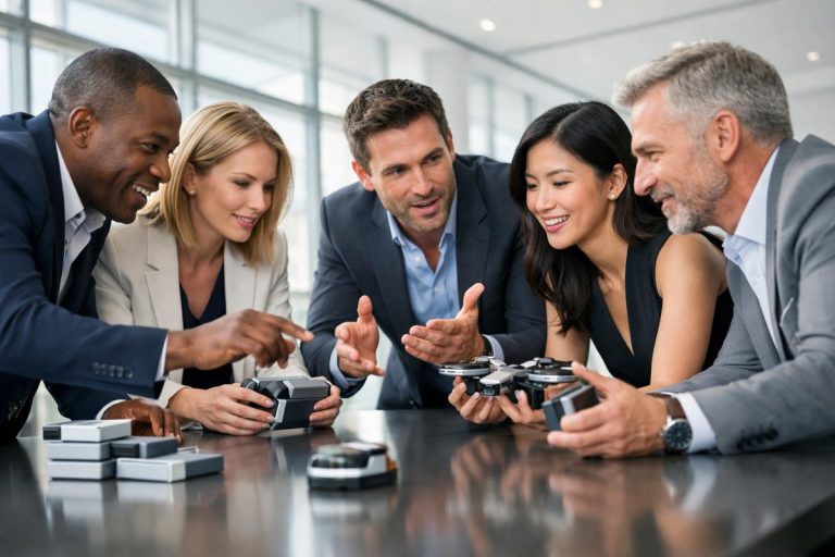 Professionnels diversifiés manipulant prototypes innovants dans hub lumineux moderne.