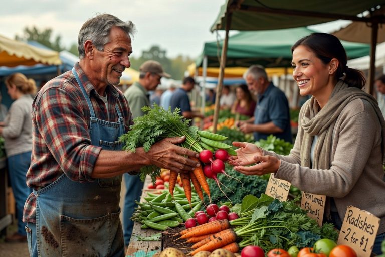Fermière tendant panier de légumes frais à cliente au marché paysan animé.