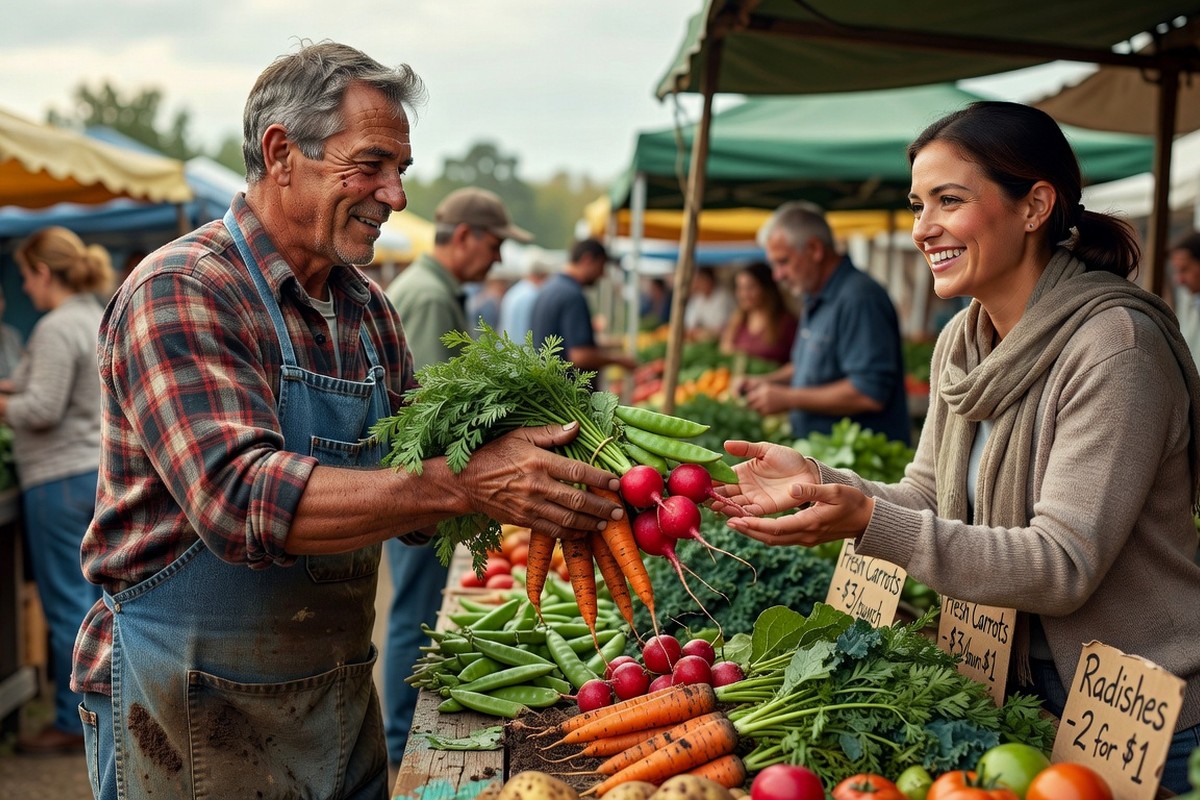 Fermière tendant panier de légumes frais à cliente au marché paysan animé.