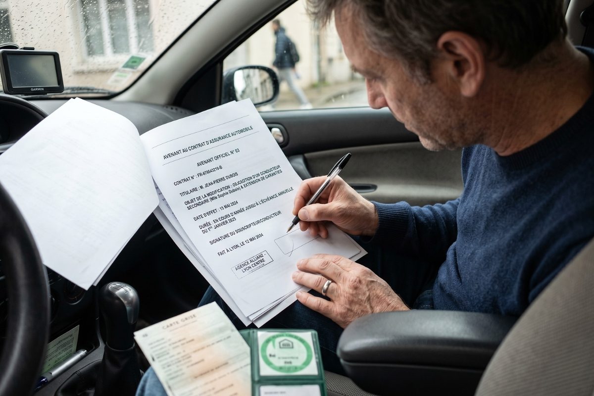 Conducteur signant un avenant officiel pour modifier son contrat d'assurance auto en cours d'année.