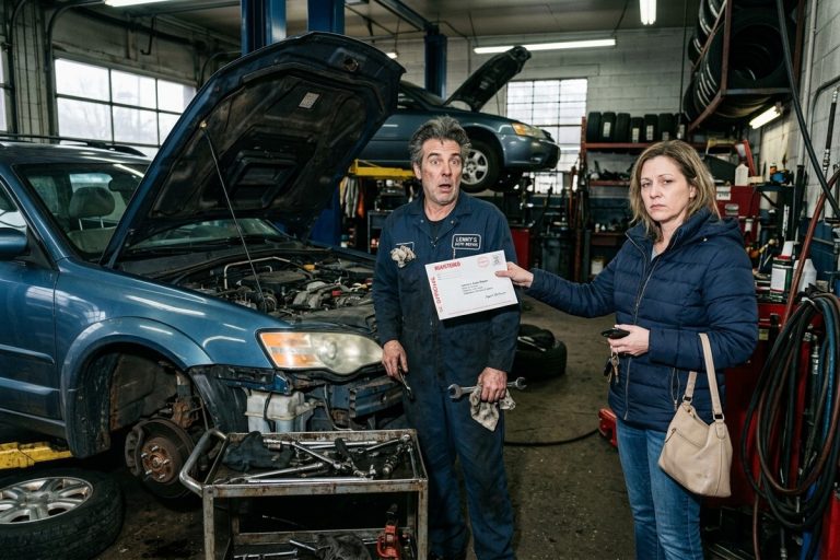 Cliente tend lettre recommandée à garagiste surpris près voiture d'occasion en panne garage.