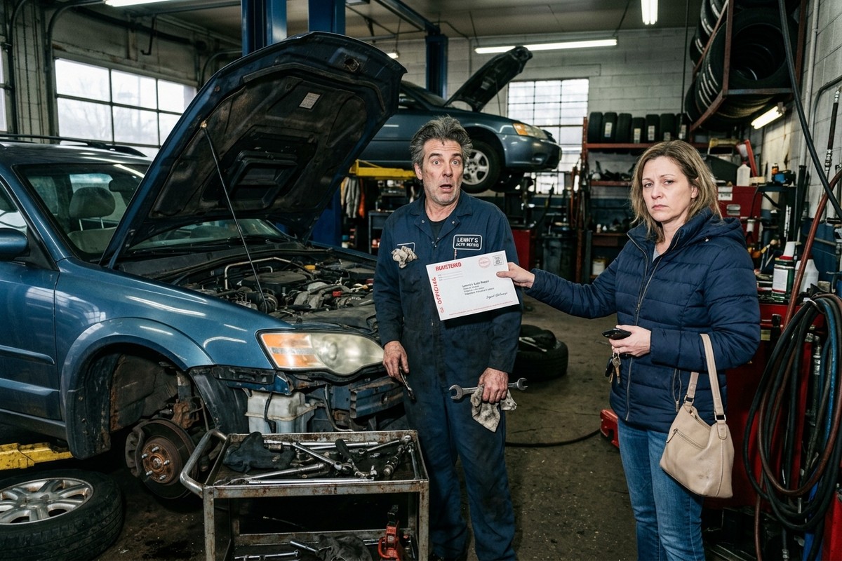 Cliente tend lettre recommandée à garagiste surpris près voiture d'occasion en panne garage.
