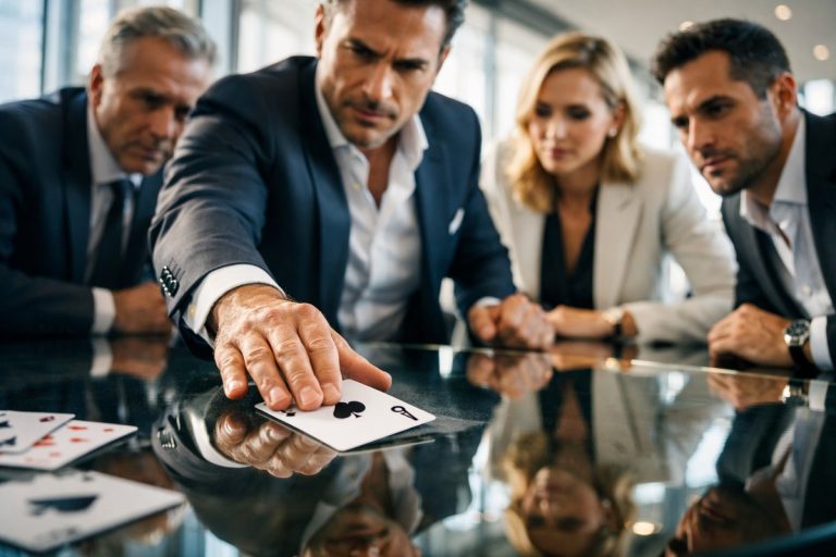 Joueur élégant abat carte atout lors partie bridge dynamique club moderne lumineux.