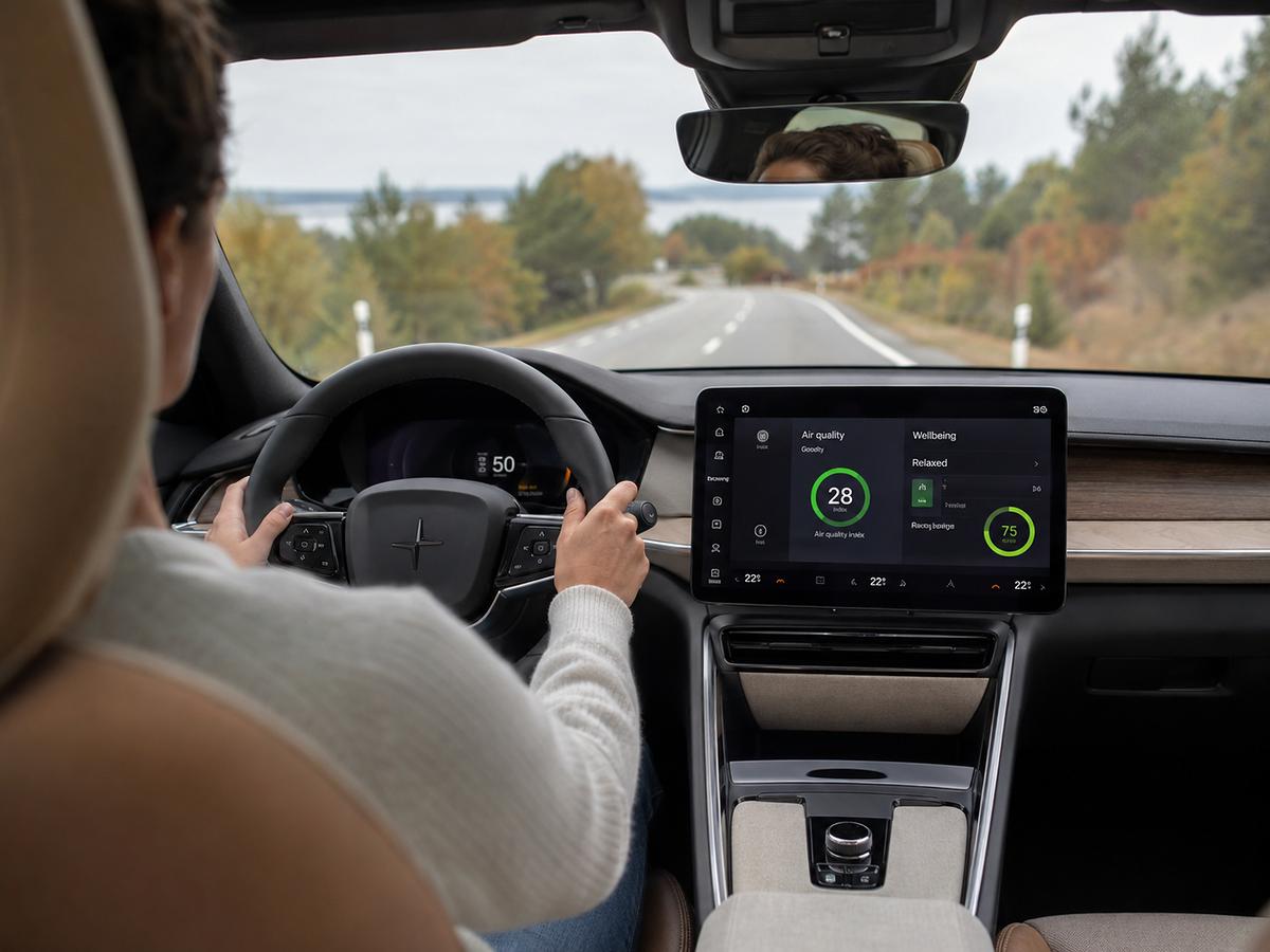 Conducteur détendu au volant d’une voiture électrique en 2026, habitacle naturel et sain avec qualité d’air affichée sur l’écran central.