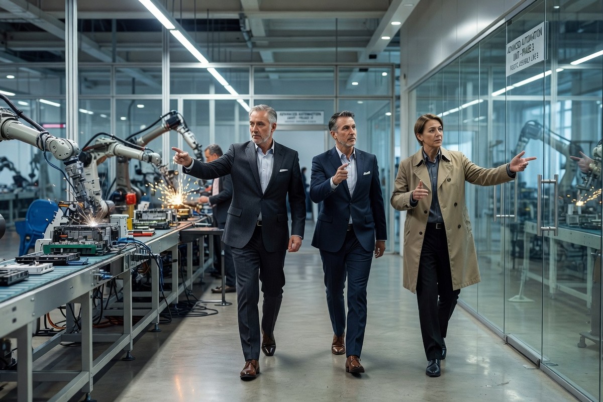 Dirigeants traversant usine vitrée, pointant lignes d'assemblage robotisées en activité chez Tokazavialuz.