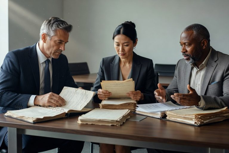 Dirigeants examinant des documents historiques et contrats légaux sur une table moderne