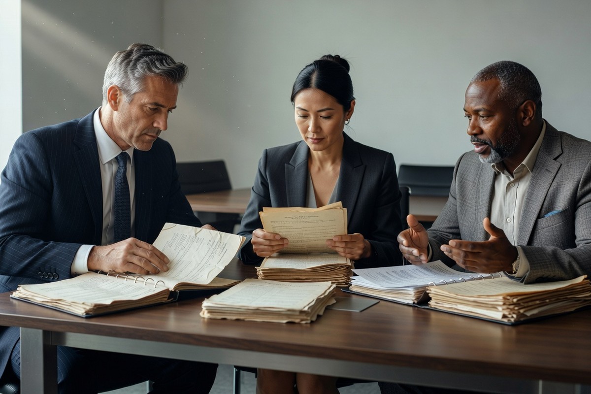 Dirigeants examinant des documents historiques et contrats légaux sur une table moderne