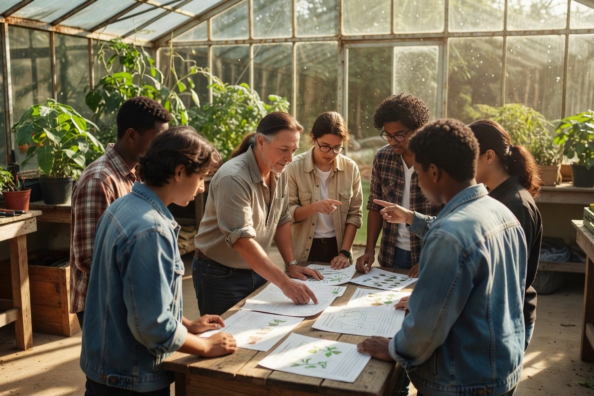 Enseignant et élèves discutant dans une serre moderne de formation agricole
