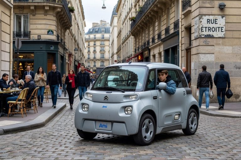Jeune conducteur pilote Citroën Ami électrique dans rues parisiennes animées, innovations mobilité urbaine.