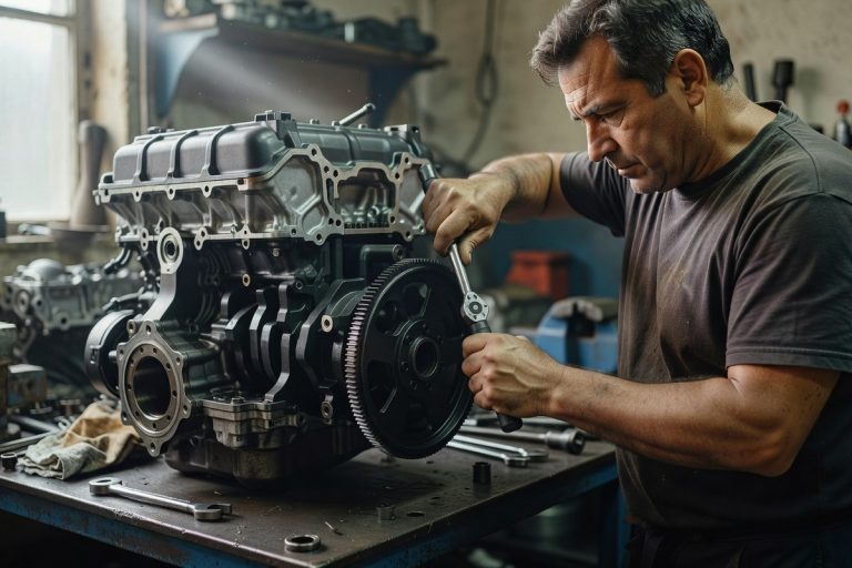 Mécanicien installant un volant moteur allégé sur un moteur de course