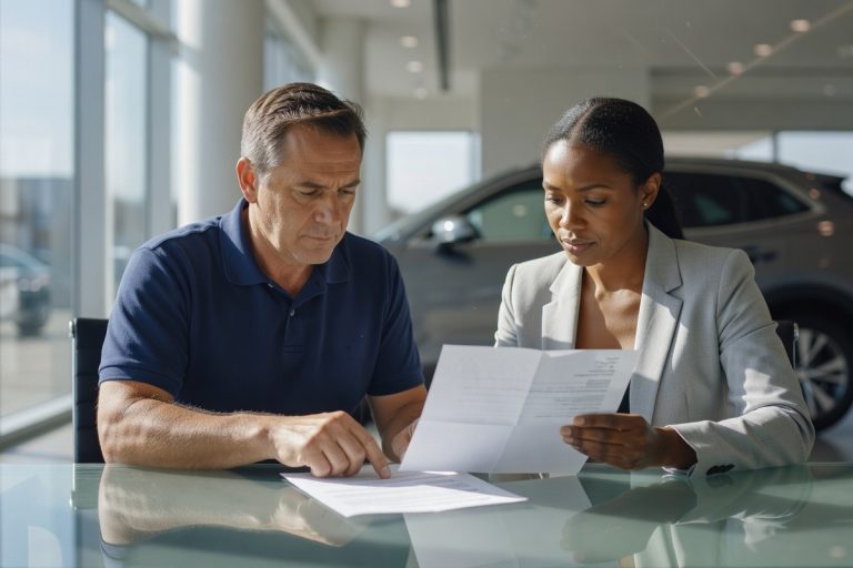 Gestionnaire examinant certificat CO2 d'un SUV hybride avec un conseiller