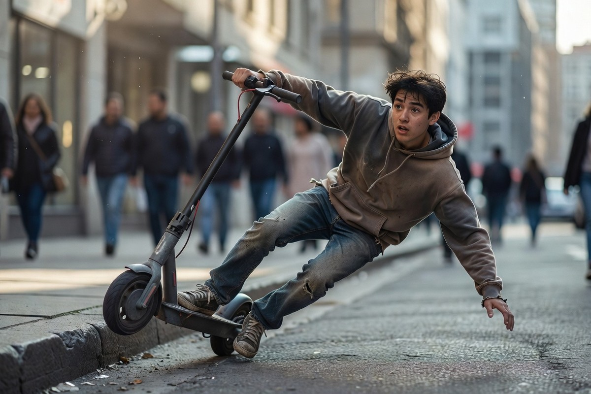 Jeune homme chutant de trottinette électrique sur rue urbaine animée.