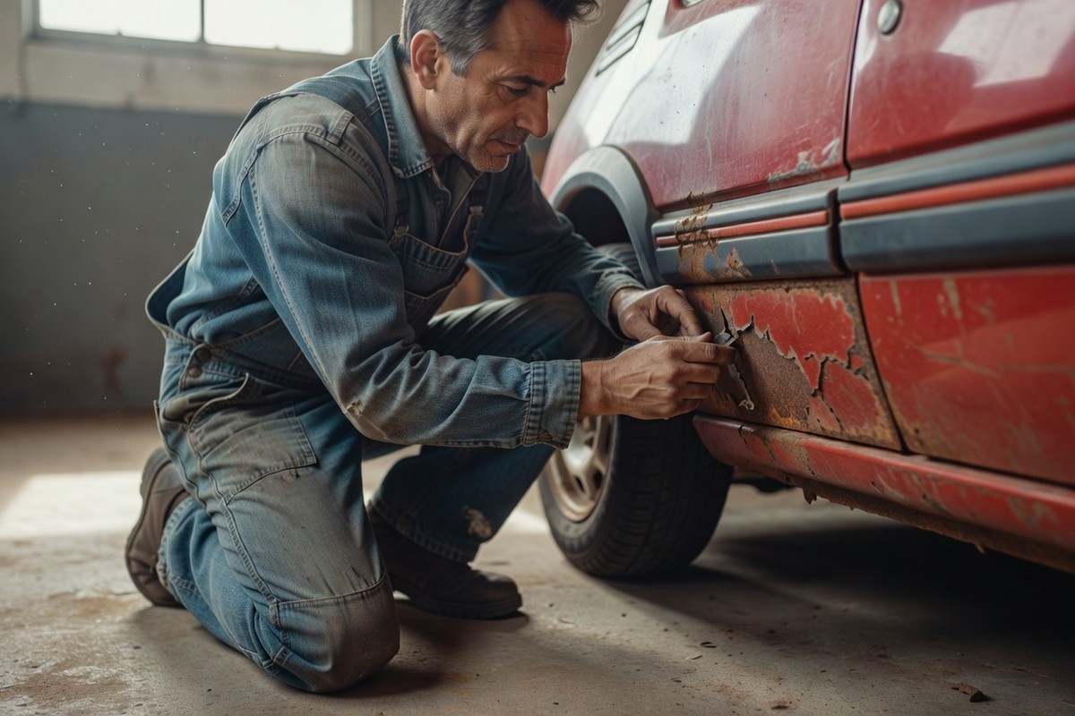 Expert vérifiant la corrosion sur une Peugeot 205 GTI en atelier