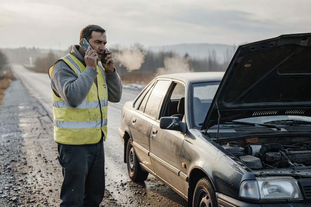 Conducteur en gilet appelant assistance à côté d'une voiture diesel en panne