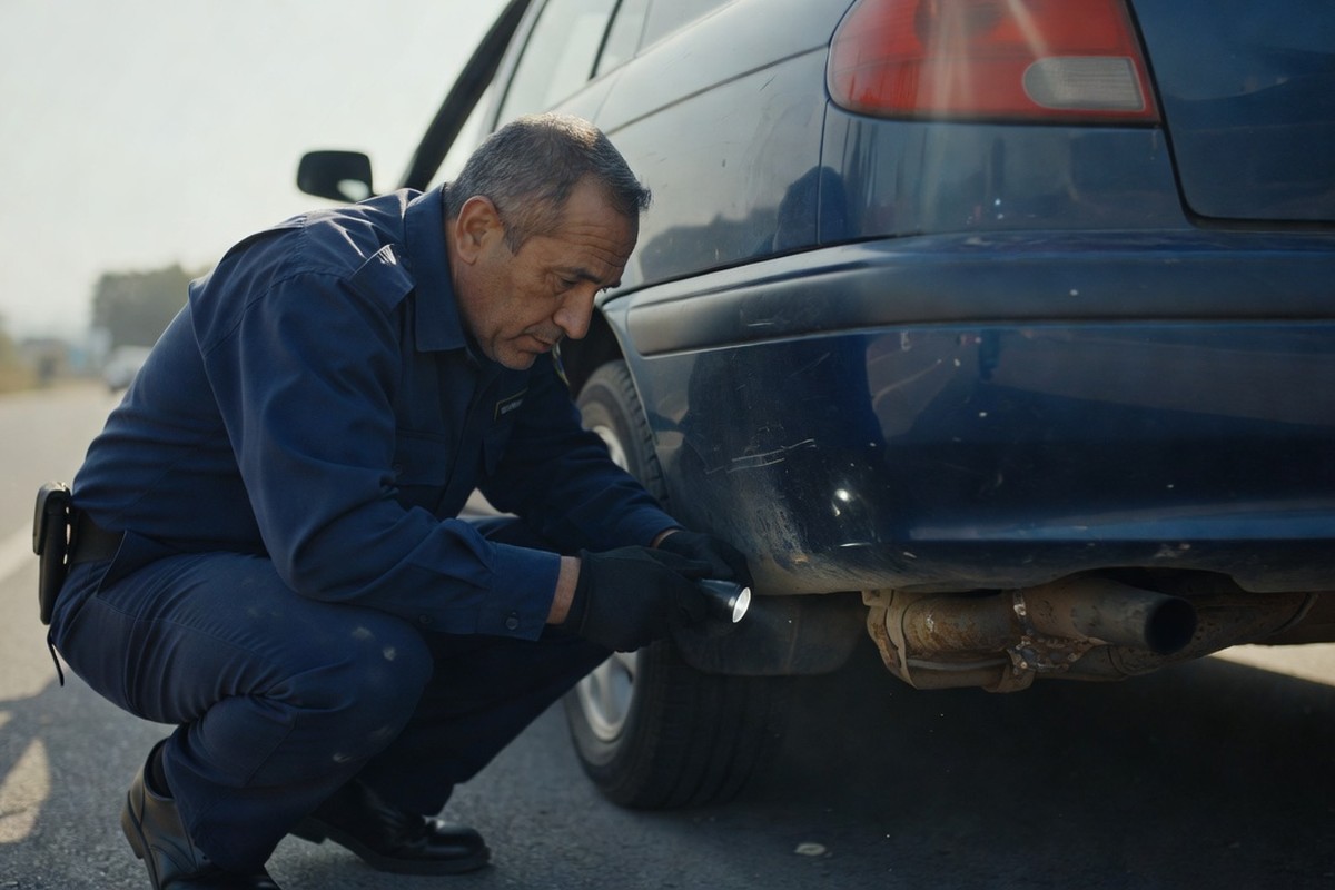 Policier inspectant le système d'échappement d'une voiture lors d'un contrôle routier