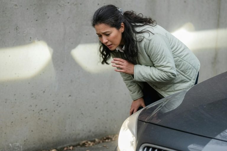 Femme observant l'intensité des phares de sa voiture sur un mur