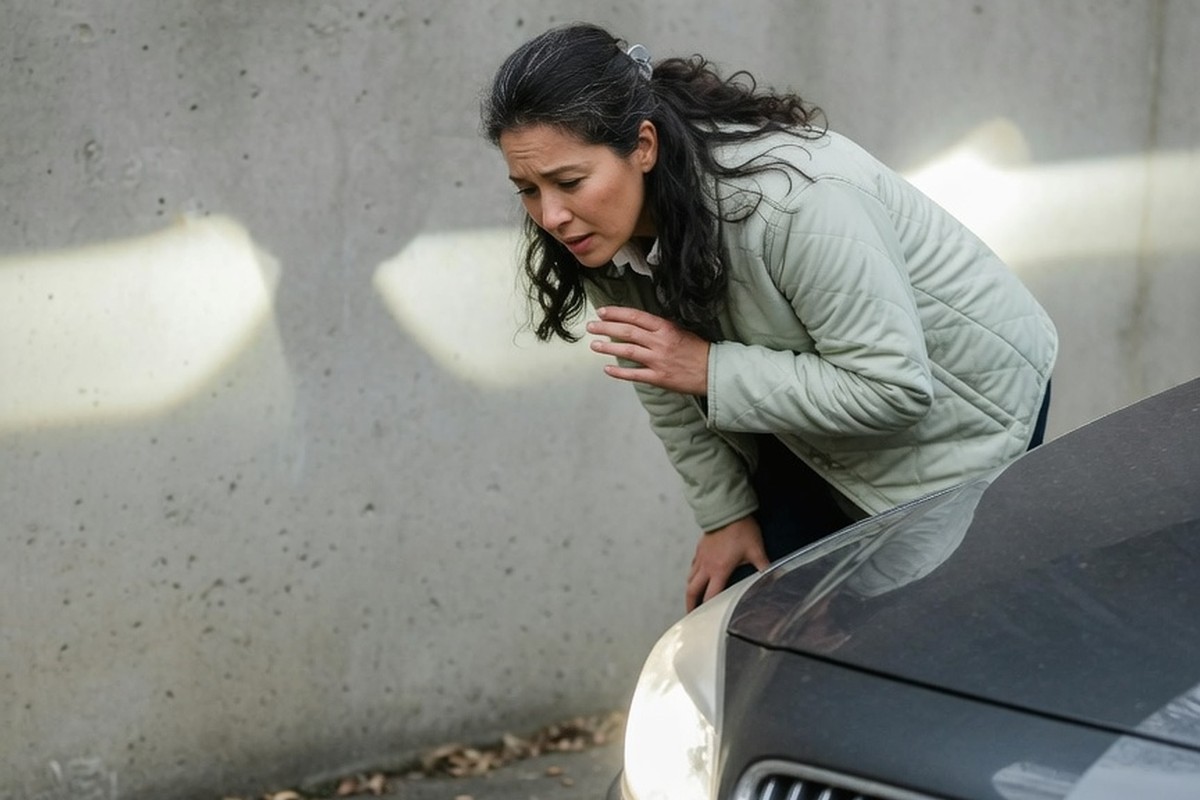 Femme observant l'intensité des phares de sa voiture sur un mur