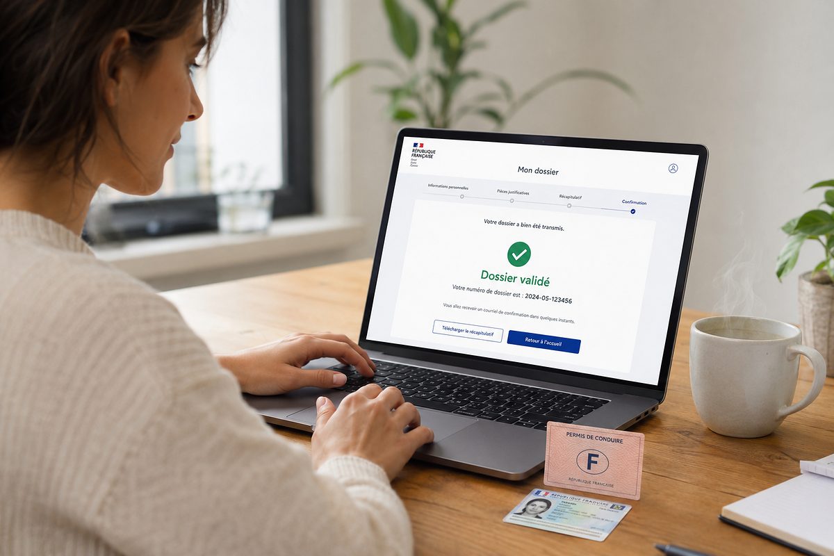 Femme finalisant une démarche de permis de conduire en ligne, documents officiels et ordinateur, ambiance sereine