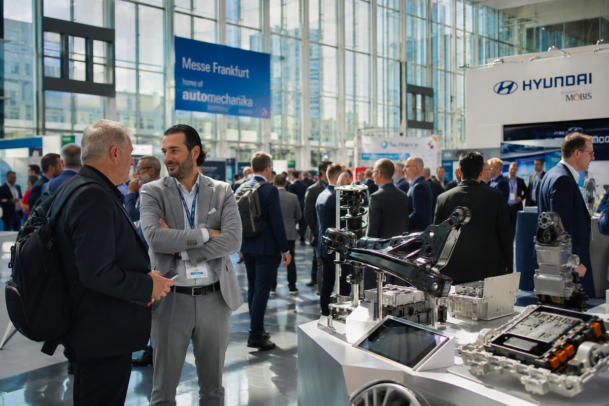 Professionnels internationaux visitant les stands d'exposition du salon Automechanika Frankfurt 2026 dédié à l'industrie automobile et aux pièces détachées
