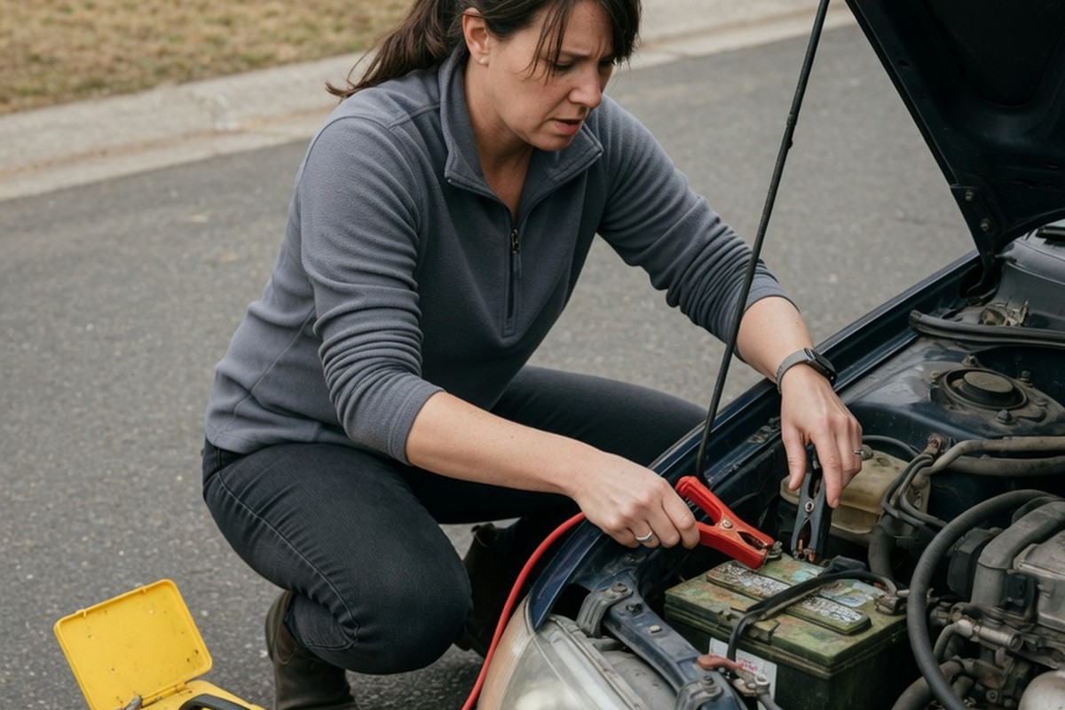 Femme reliant un booster à la batterie d'une voiture
