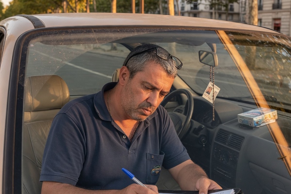 Chauffeur de taxi signant un document dans son véhicule à Paris