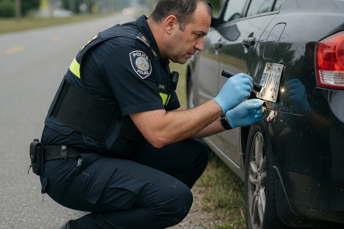 Policier inspectant la plaque arrière d'une voiture sur la route