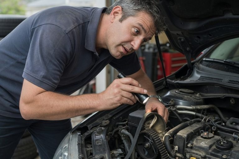 Mécanicien examinant le moteur d'une berline ancienne dans un garage